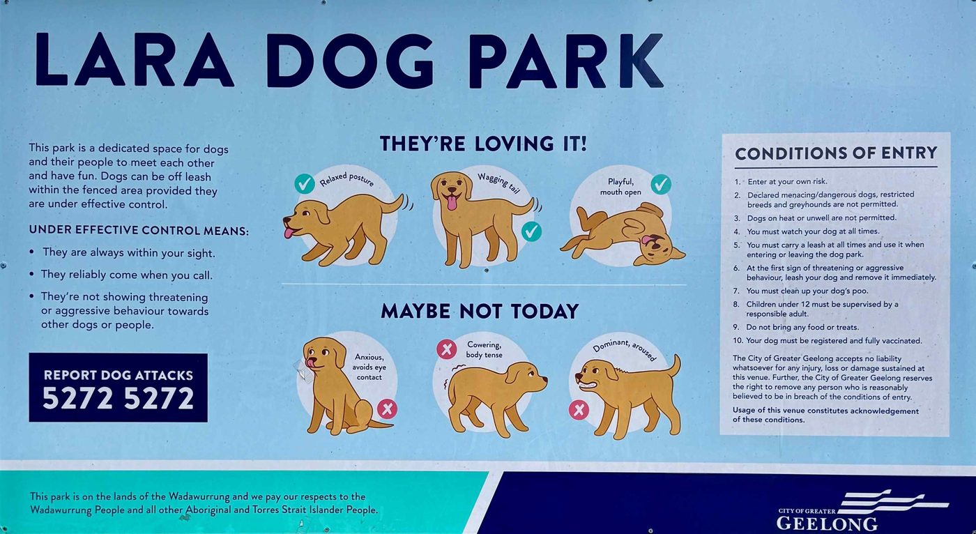 Lara Dog Park conditions of entry signage