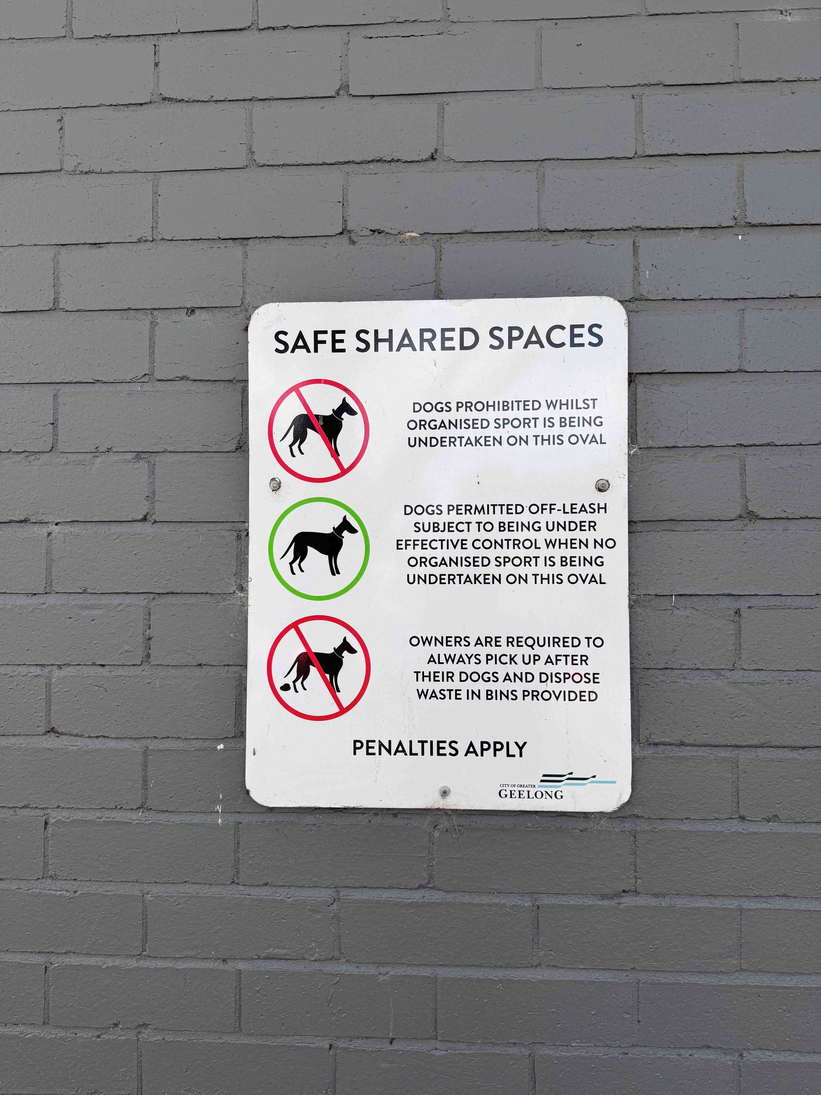 Shared spaces signage outlining dog rules on the oval at Howard Glover Reserve