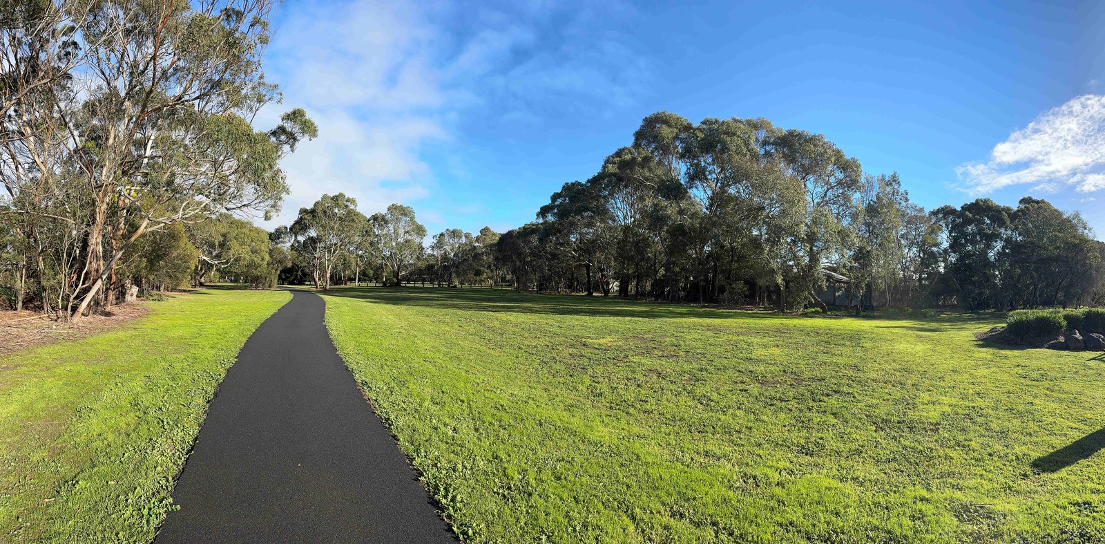 Panoramic view of the path connecting the park to the open space at Moriac Newling Reserve