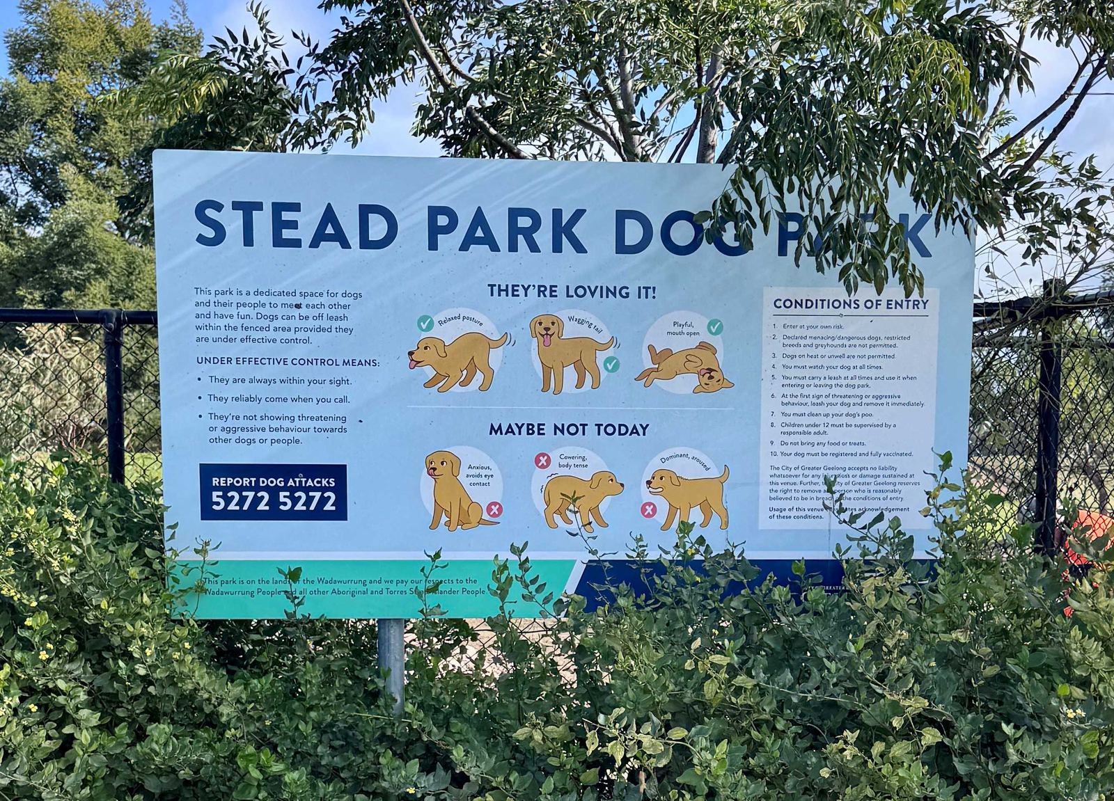 Council signage with conditions of entry at Stead Park Dog Park